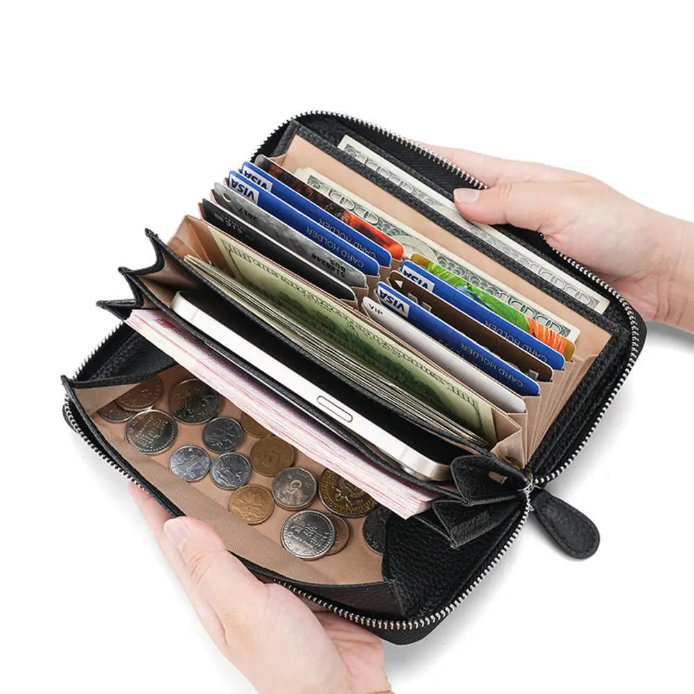 Genuine Leather Credit Card Holder Wallet RFID-Blocking — Black | KIMLUD