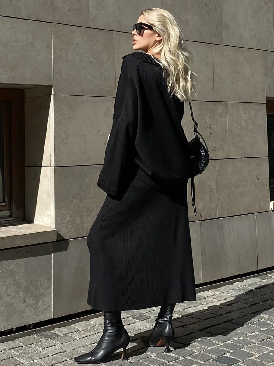 DEAT Fashion Women's 2 Pcs Set V-neck Loose Fit Long Sleeves Sweater High Waist Ankle-length Skirt Suit Autumn 2024 New 7AB4889 - KIMLUD