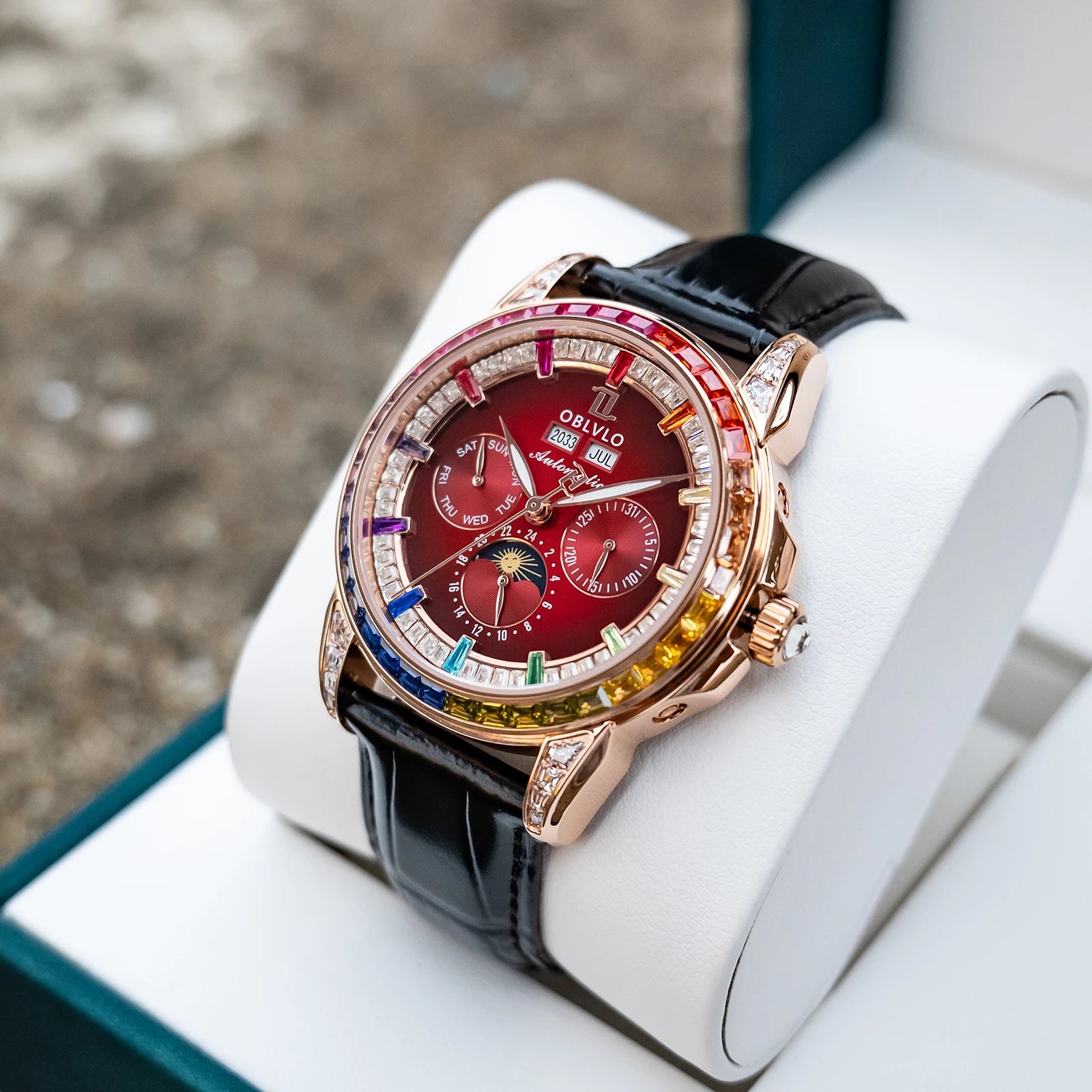 OBLVLO Men's Classic Watch with Colorful Diamonds Bezel Red Dial Mechanical Automatic Moonphase Multifunction Leather Strap GCM-MUT