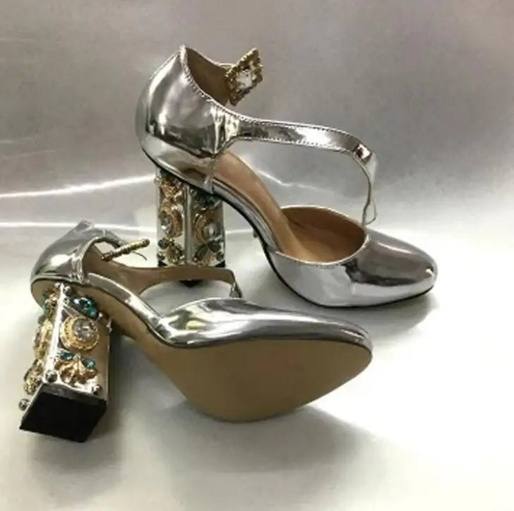 Gold Mirror Patent Leather Sandals Rhinestone Buckle Glitter Round Toe Chunky Heels — Gold | KIMLUD