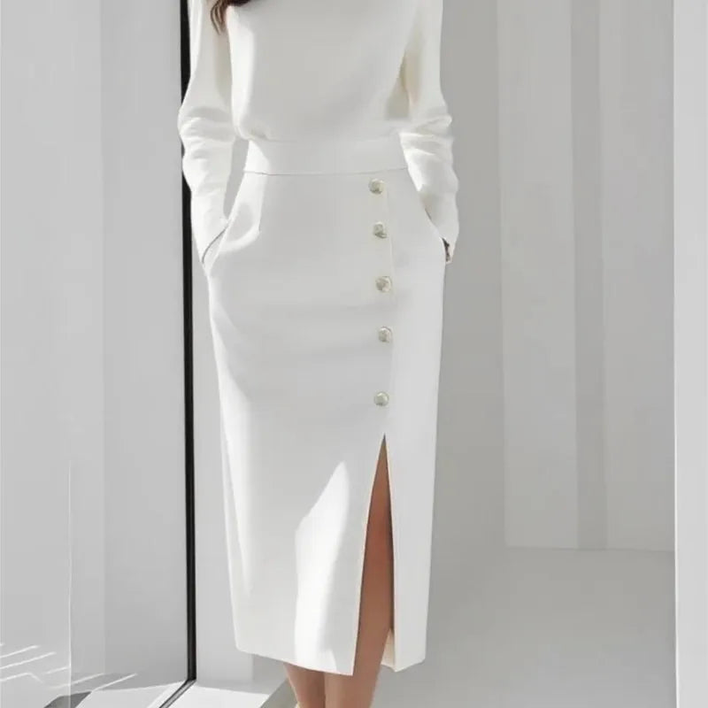 Spring Autumn Fashion O-neck Split Women Dress Elegant Button Solid Evening Dresses New Casual Sleeveless Slim Office Lady Dress