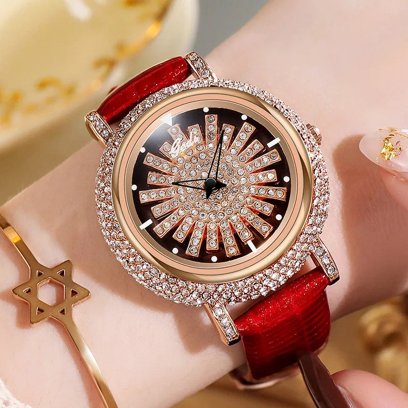 Genuine Leather Diamond Set Watch — Black | KIMLUD