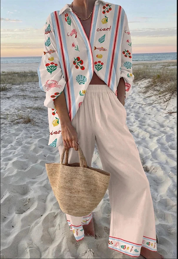 Two Piece Set – Casual Printed – Wide Leg Pants | KIMLUD