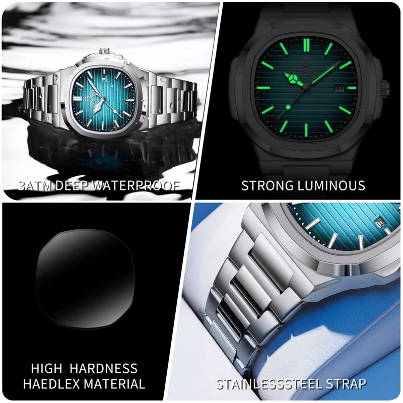 Stainless Steel Military Watch Luminous Week Display — Teal Blue | KIMLUD