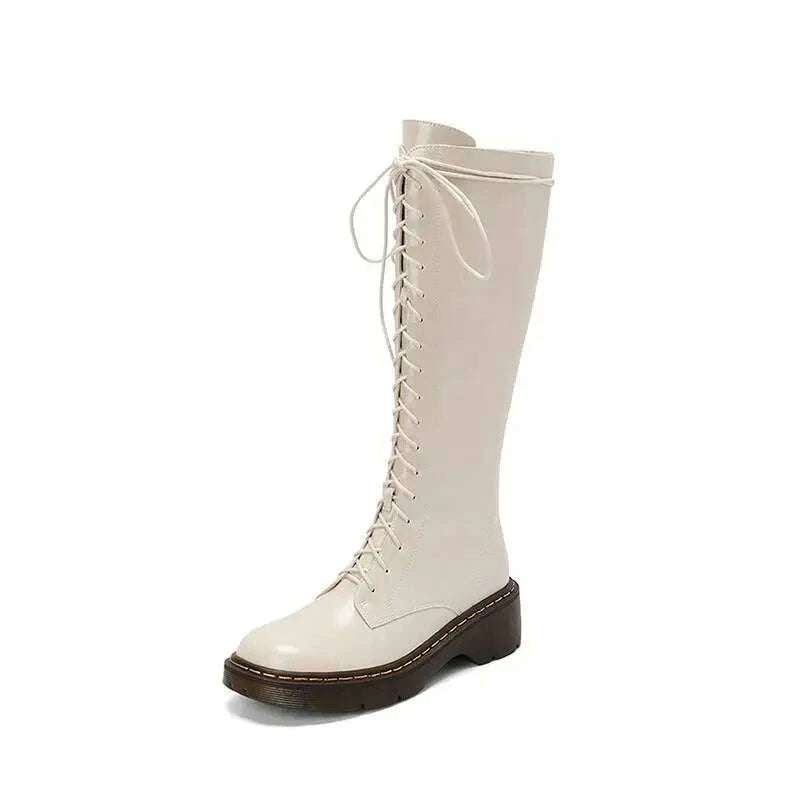 KIMLUD, Krazing Pot Vintage Cow Split Leather Wool Snow Boots Winter Keep Warm Round Toe Cross-tied Med Heels Platform Thigh High Boots, KIMLUD Womens Clothes