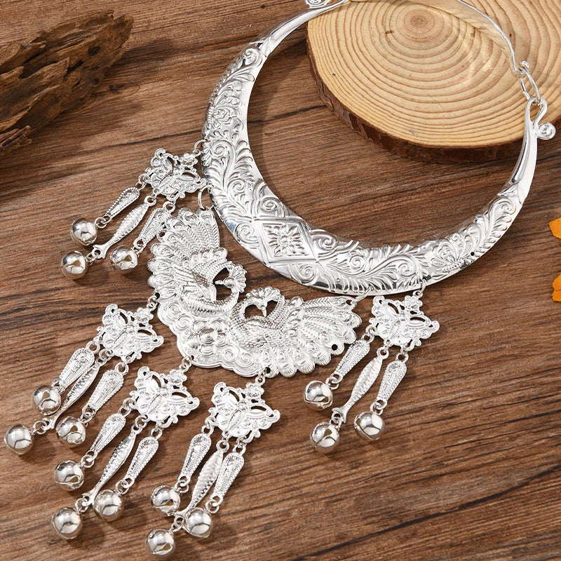 Layer Necklace - Ethnic Miao Retro - Zinc Alloy - Silver | KIMLUD