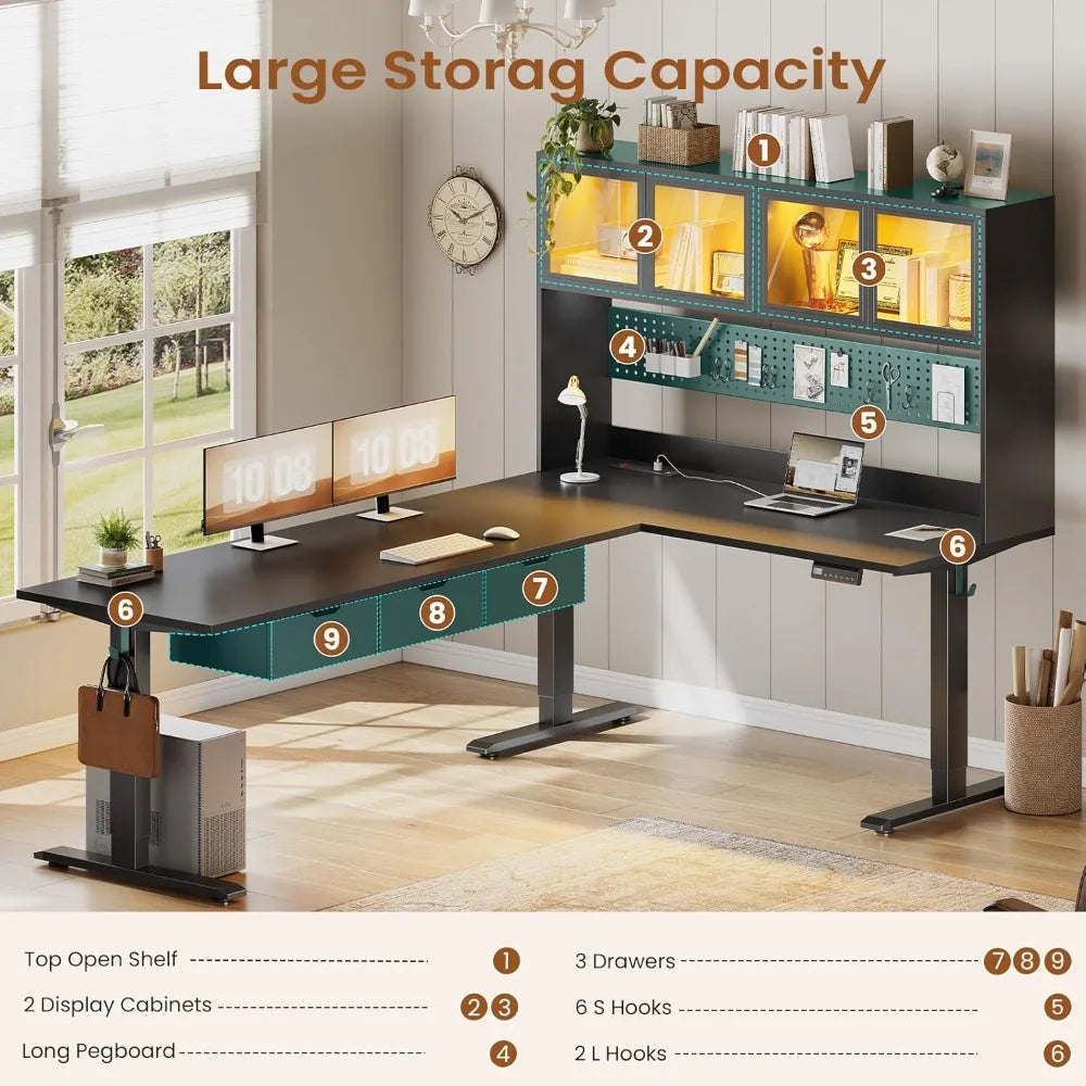 SEDETA 68.9 Standing L Shaped Gaming Desk, Office Computer Desk with Storage Hutch and Drawers, Stand Up Corner Desk with Pegboa