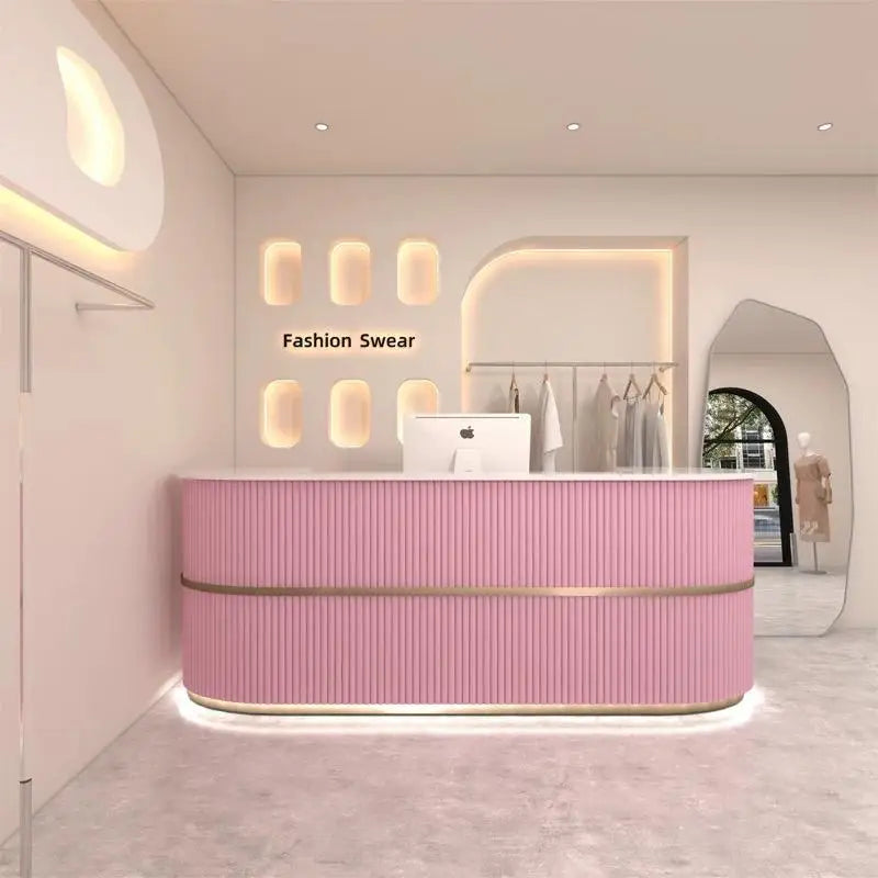 Curved Wood Reception Desk Modern Office — Walnut | KIMLUD