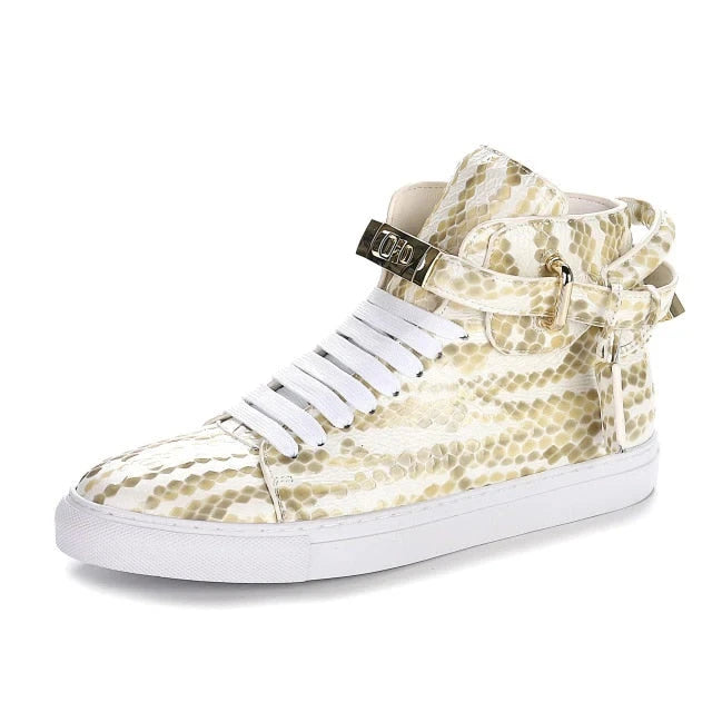 High Top Sneakers – Gold Buckle – Crocodile Pattern Leather | KIMLUD
