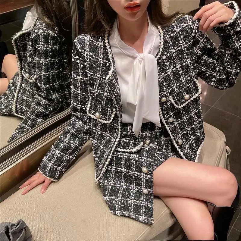KIMLUD, Formal Chic Houndstooth Plaid Set Skirt Women Spring Autumn New Fashion Loose Single-Breasted Plaid Jacket+Skirt Two-Piece Suit, KIMLUD Womens Clothes
