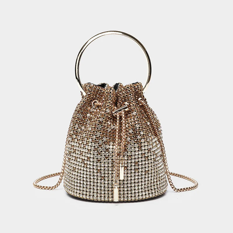 Diamond-Embellished Bucket Bag Water Drop — Champagne Gold | KIMLUD