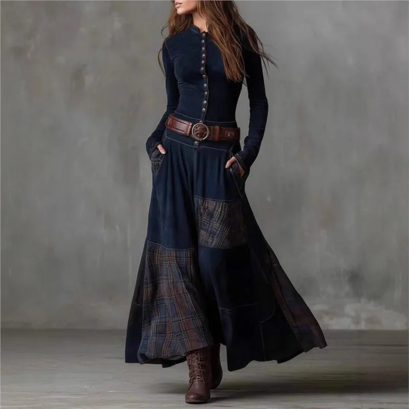 Women's Autumn Fashion New Slim Fit Flip Neck Dress Long Sleeve Retro Style Commuter Button Chic Party Long Dress