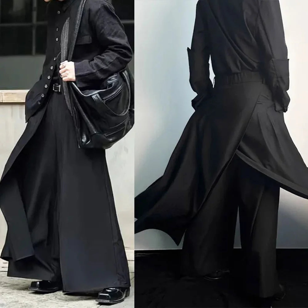 Gothic Culottes Overlap Y2K Double Layer Dark Culottes Pleated Wide Leg Niche Design Casual Pants Skirt Unisex Men's Clothing