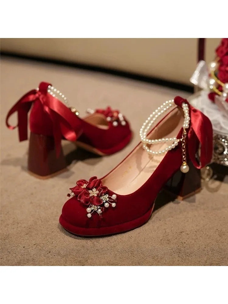 PU Mary Jane Pumps With Crystal Floral Embellishments — Crimson Red | KIMLUD