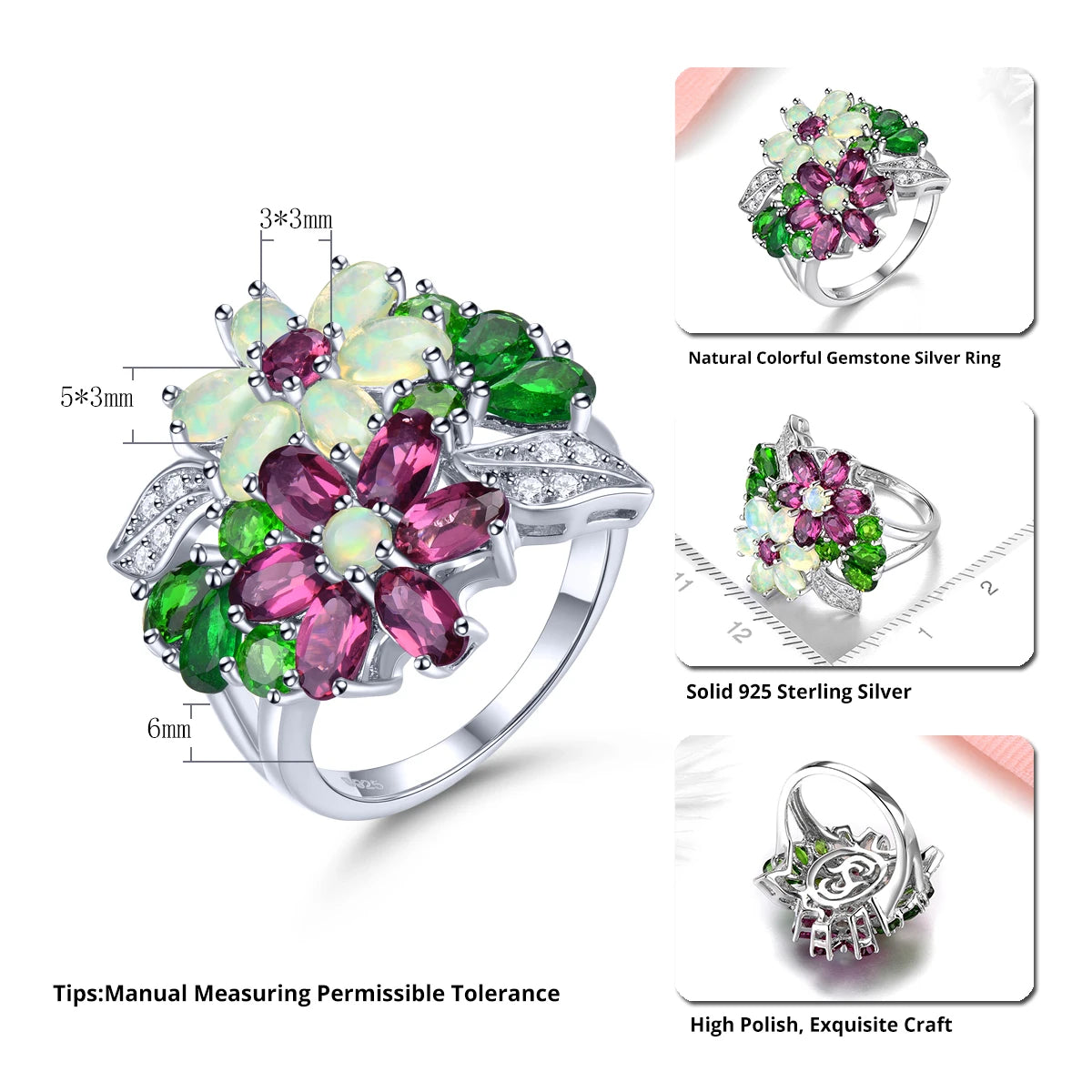 Natural Rhodolite Garnet Opal Solid Sterling Silver Rings 4 Carats Genuine Multicolor Gemstone Diopside Gorgerous Fine Jewelrys