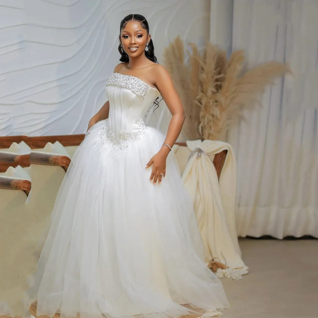 Luxury Layered Bridal Dresses Off Shoulder Beaded Party Dress Custom Made Tulle Bridal Gowns Crystals Strapless Sleeveless
