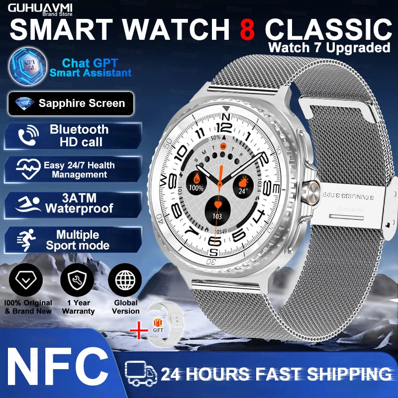 46mm Watch 8 Ultra Classic GPS Compass NFC SmartWatch Men AMOLEDS Rotating Dial BT Call 3ATM Waterproof Watch7 Upgraded Watches