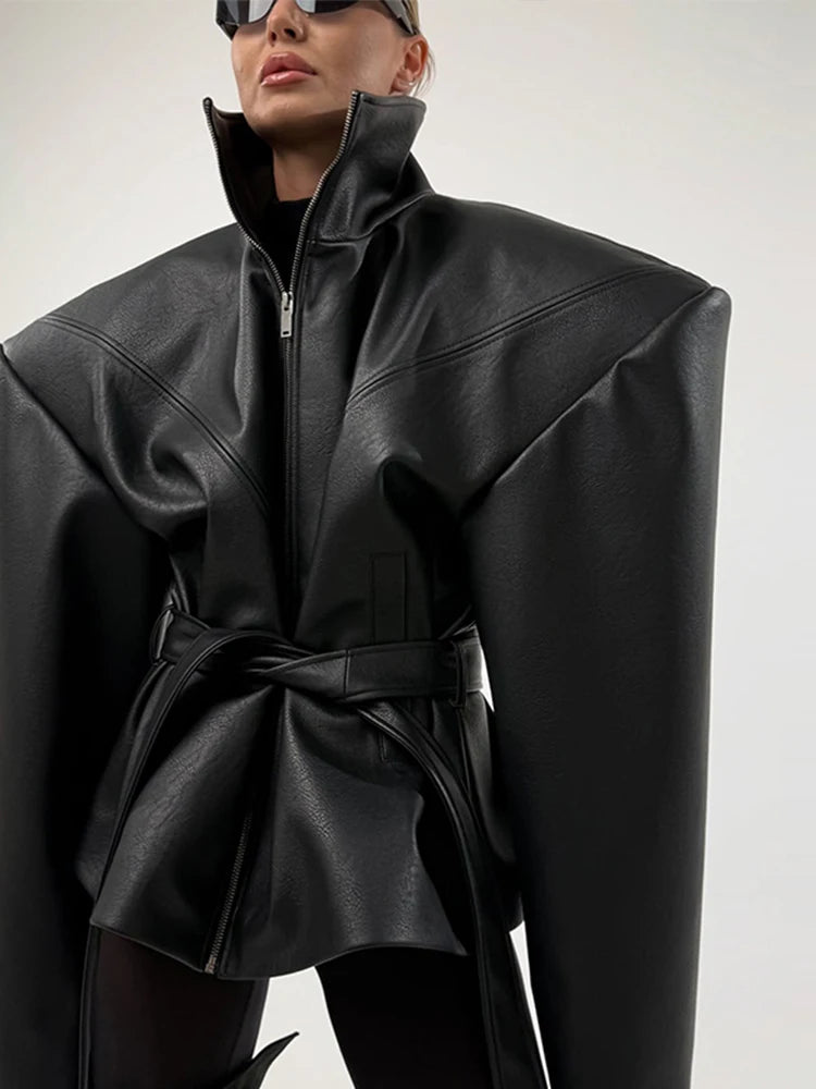 Casual Pu Leather Loose Women Jacket Belt Full Sleeve Stand Collar Zippers Female Coat 2026 Spring Autumn Lady Streetwears