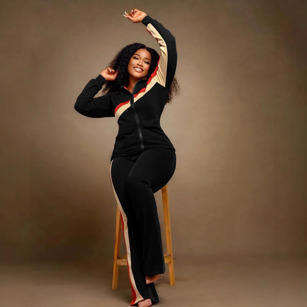 Casual Spor Women's Faion Set TW52 Long Sve Polyester Pants Striped Patchwork Independent Station Cross-Border