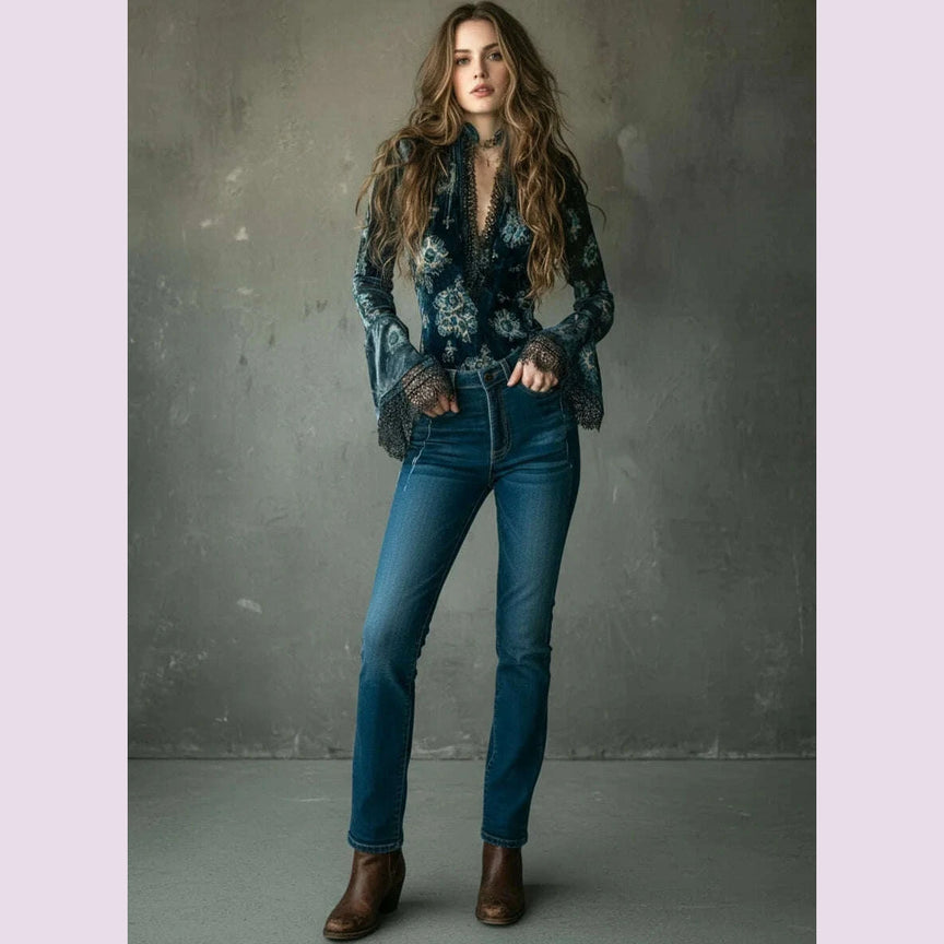 Lace Trim Sexy V-neck Blouse Tops Flare Sleeve Retro Floral Printed Slim Velvet Autumn Elegant Boho Casual Chic Blouse Tops