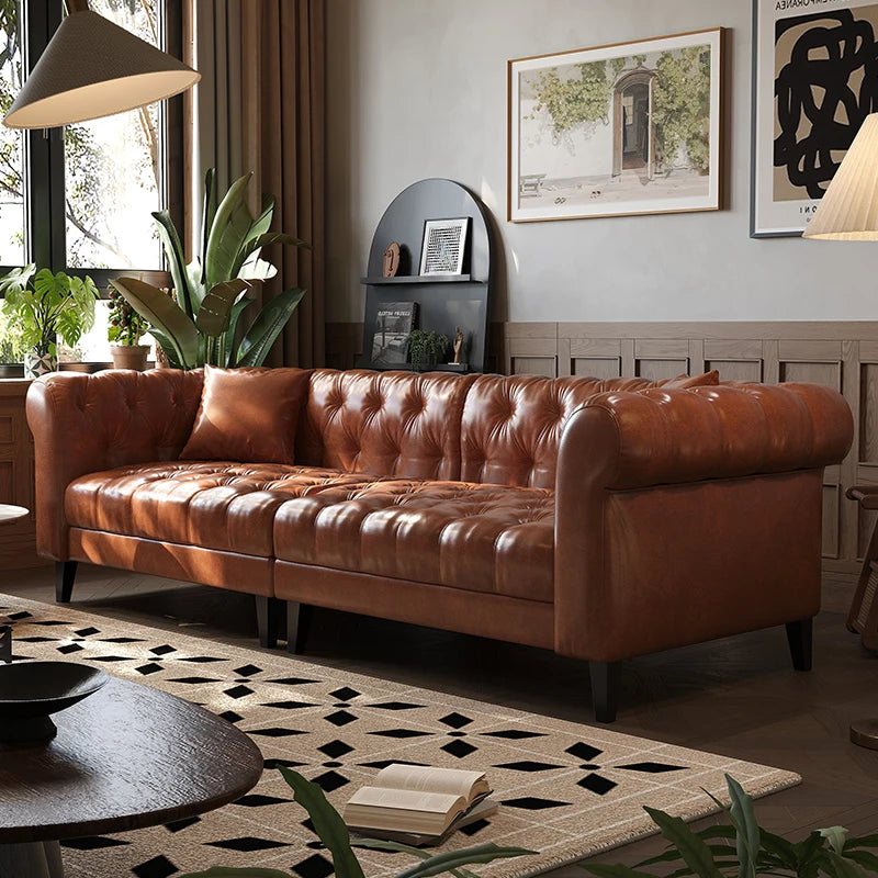 Leather Modern Living Room Sofa Sculptural Comfort — Deep Cognac Brown | KIMLUD