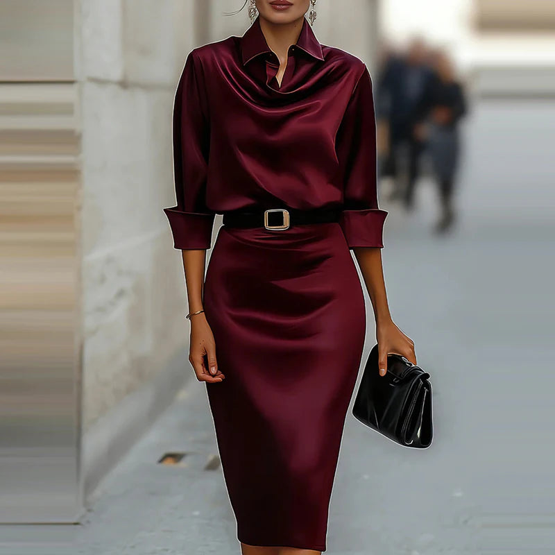 Long Sleeve Dress – Cinched Waist – Polyester | KIMLUD