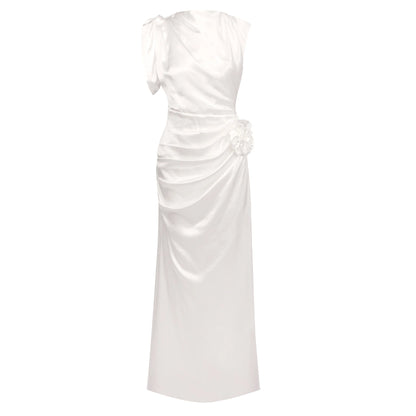 Evening Dress – One Shoulder Draped Ruched – Satin – Champagne | KIMLUD