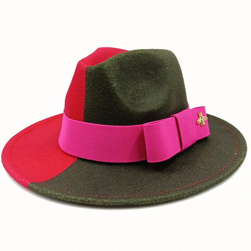 Wholesale Fedora hats Winter round concave convex surface flat top bow elastic ribbon men&#39;s and women&#39;s felt jazz hats Fedora - KIMLUD