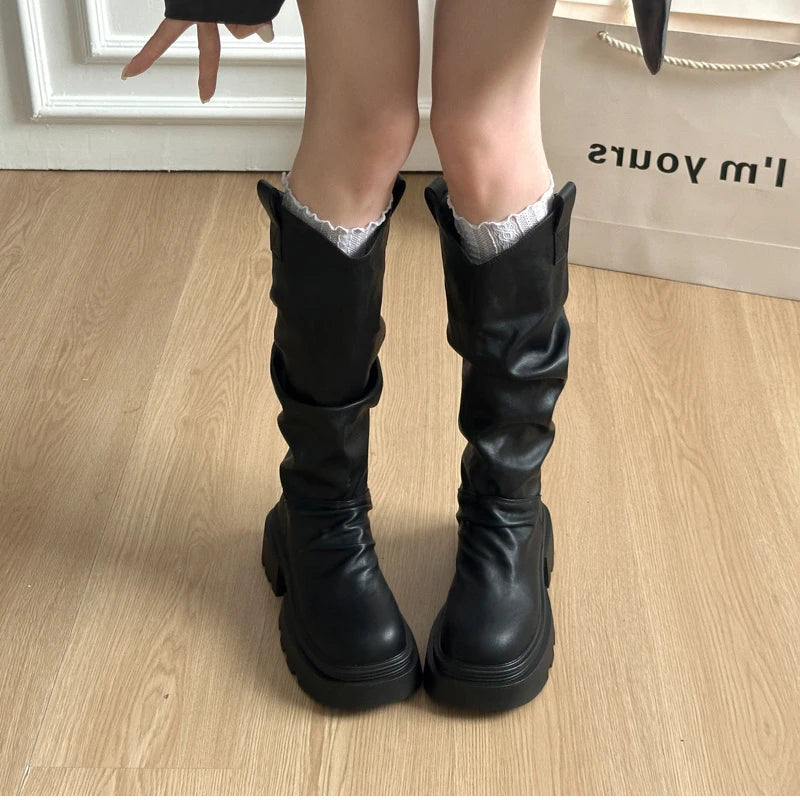 Autumn Winter Platform Thick Bottom Women Long Boots Fashion Slip On Shoes Vintage Ladies Knight Botas