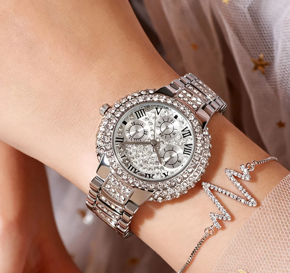 Full Diamond Quartz Watch For Women Luxury Fashion Silver Iced Out Quartz Wristwatch Gift MK Parker Style Chronograph Full Pave
