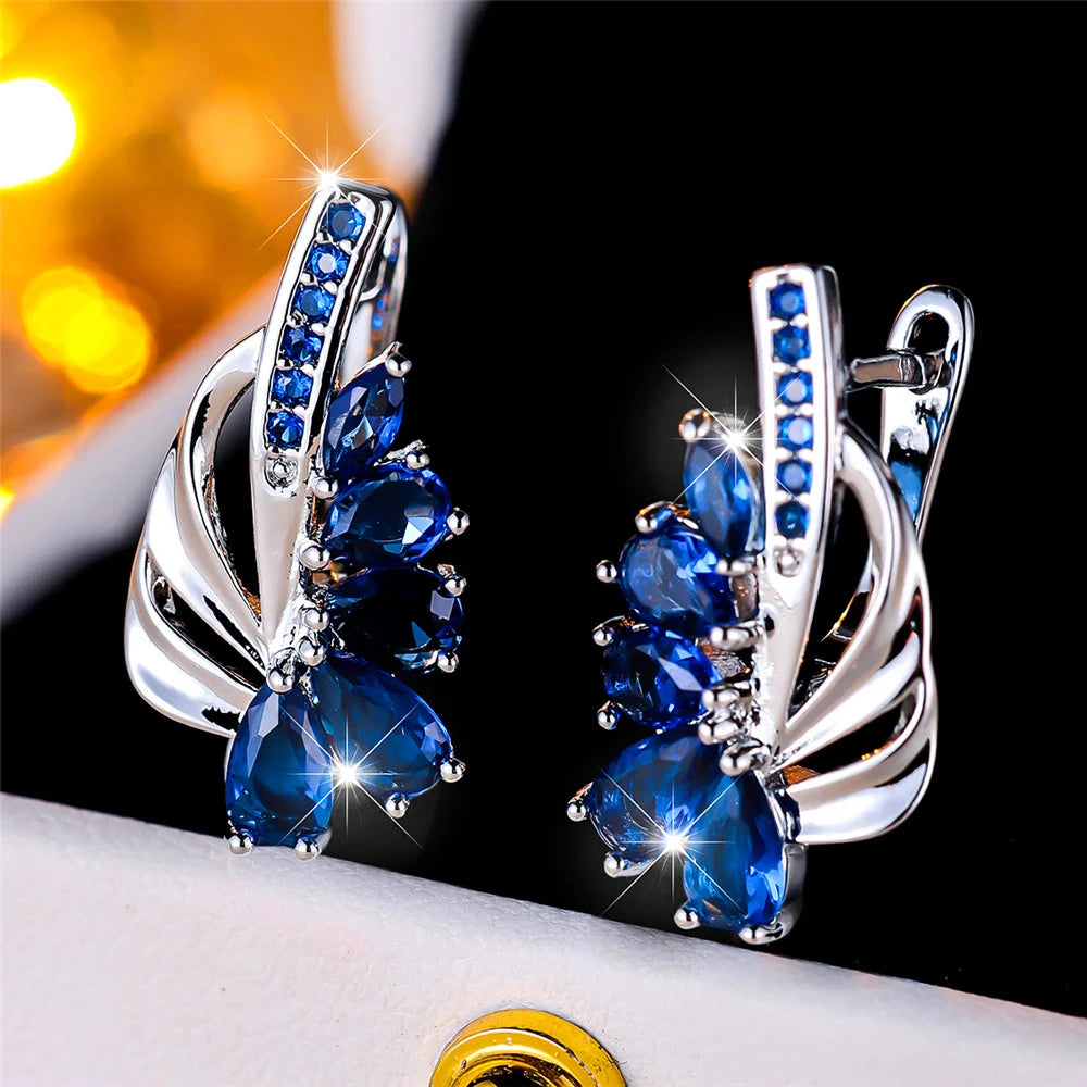 Gold Color Clip Earrings Water Drop Zircon — Blue Green | KIMLUD