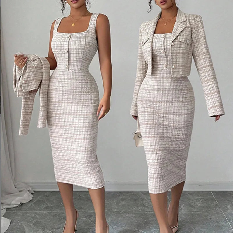 Two-Piece Dress Set – Reversible Collar – Knee-Length Polyester | KIMLUD
