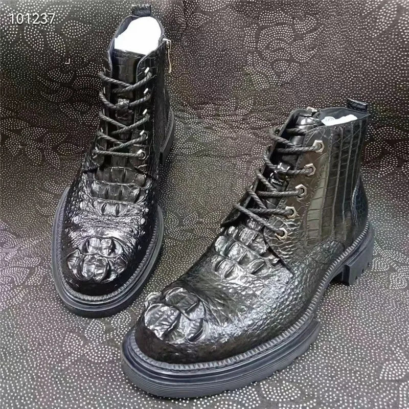 Authentic Real True Crocodile Skin Men's Casual Black High-top Shoes Genuine Exotic Alligator Leather Male Short ZIP Ankle Boots