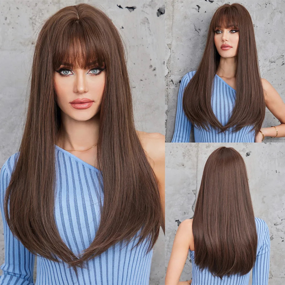 ALAN EATON Chestnut Brown Synthetic Wig with Bangs Long Straight Wig Natural Layered Hair Smooth Soft Daily Wig Heat Resistant