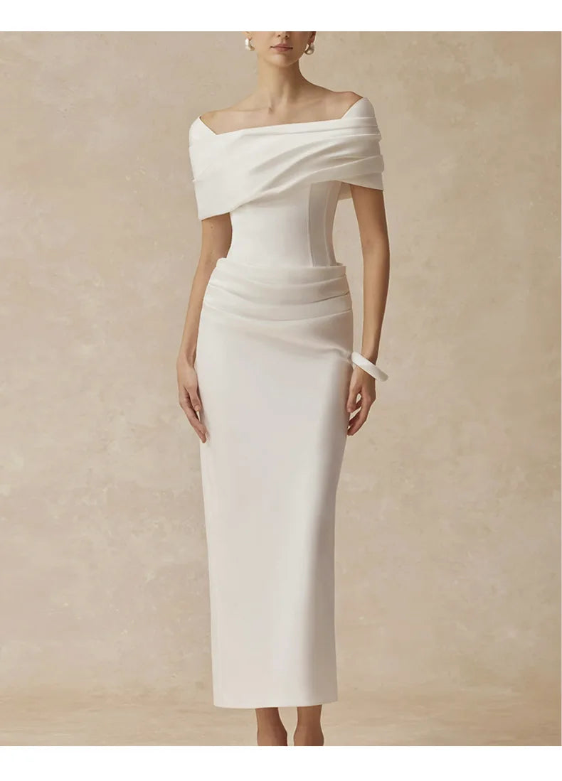 Bodycon Dress High-Waist Off-Shoulder Short Sleeves — White | KIMLUD