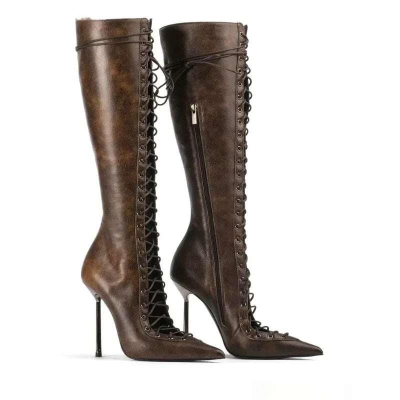 Lace-Up Leather Cross-Strap Knee High Boots — Brown | KIMLUD