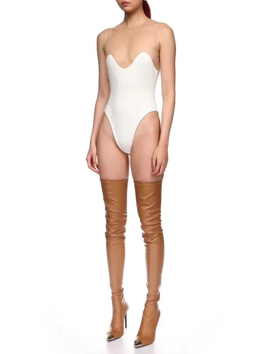 TWOTWINSTYLE Solid Spliced Mesh Slimming Jumpsuit For Women O Collar Sleeveless High Waist Minimalist Jumpsuits Female Fashion