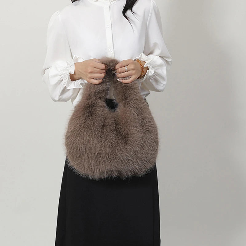 Small Hobo Handle Bags for Women Shoulder Bags Designer Furry Purse and Handbags Fashionable Cute Female Plush Bag