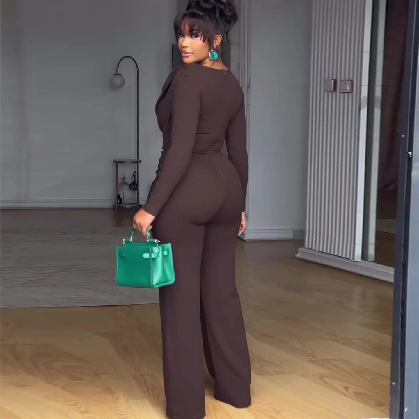 High Waist Flare Pants Jumpsuit — Zipper, Office Lady, Ankle-Length | KIMLUD