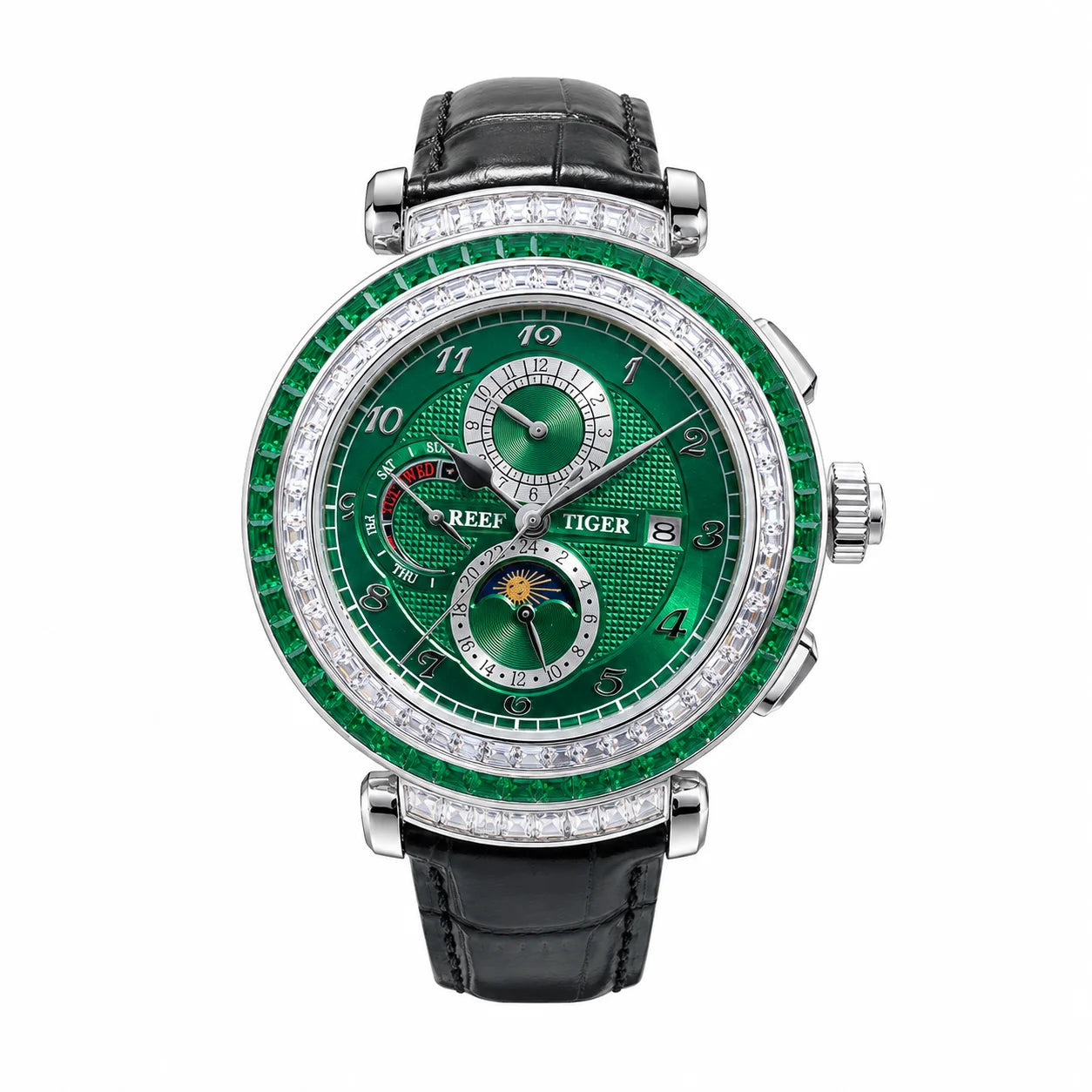 Men's Dress Watch – Moon Phase Date – Leather Strap – Green | KIMLUD
