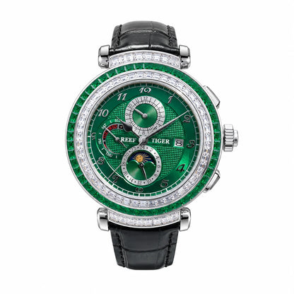 Men's Dress Watch – Moon Phase Date – Leather Strap – Green | KIMLUD