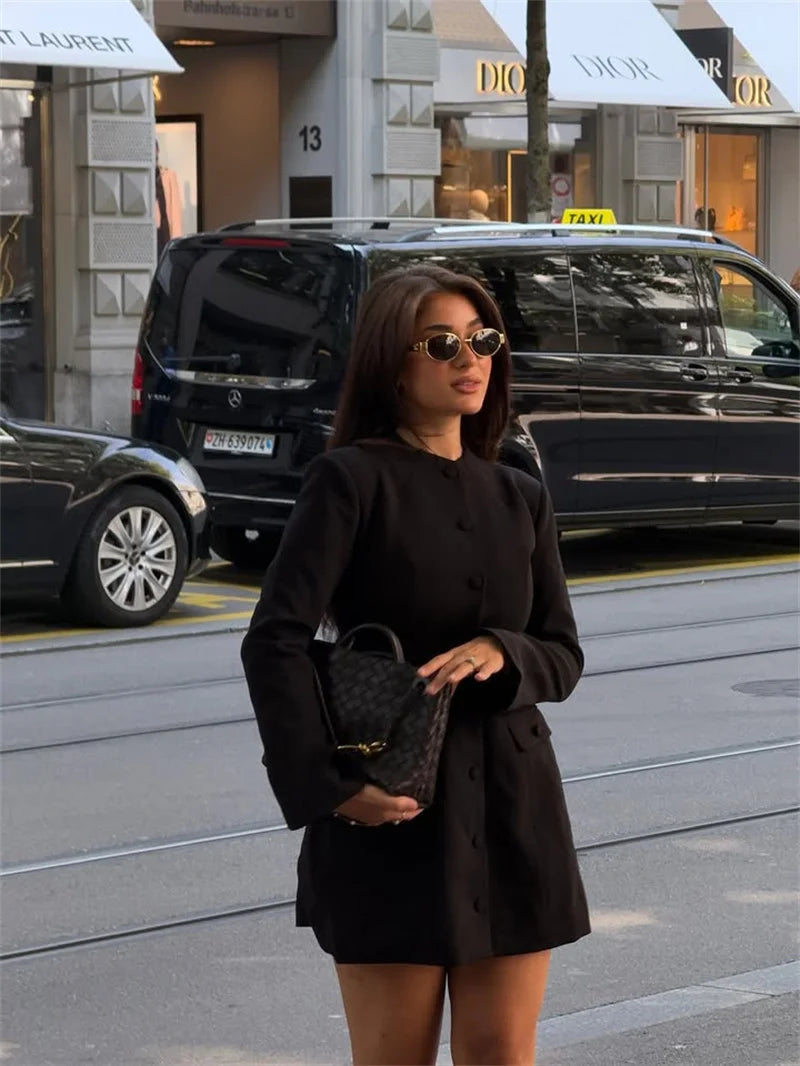 Mozision Long Sleeve Single-breasted Sexy Mini Dress Women Elegant Black Two Pocket High Waist A-line Club Party Dresses Female