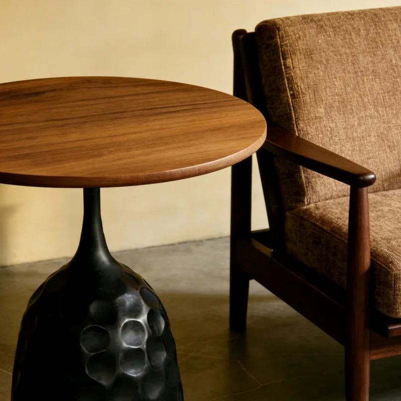 Minimalist Round Solid Wood Coffee Table With Sculptural Matte-Black Base — Black | KIMLUD