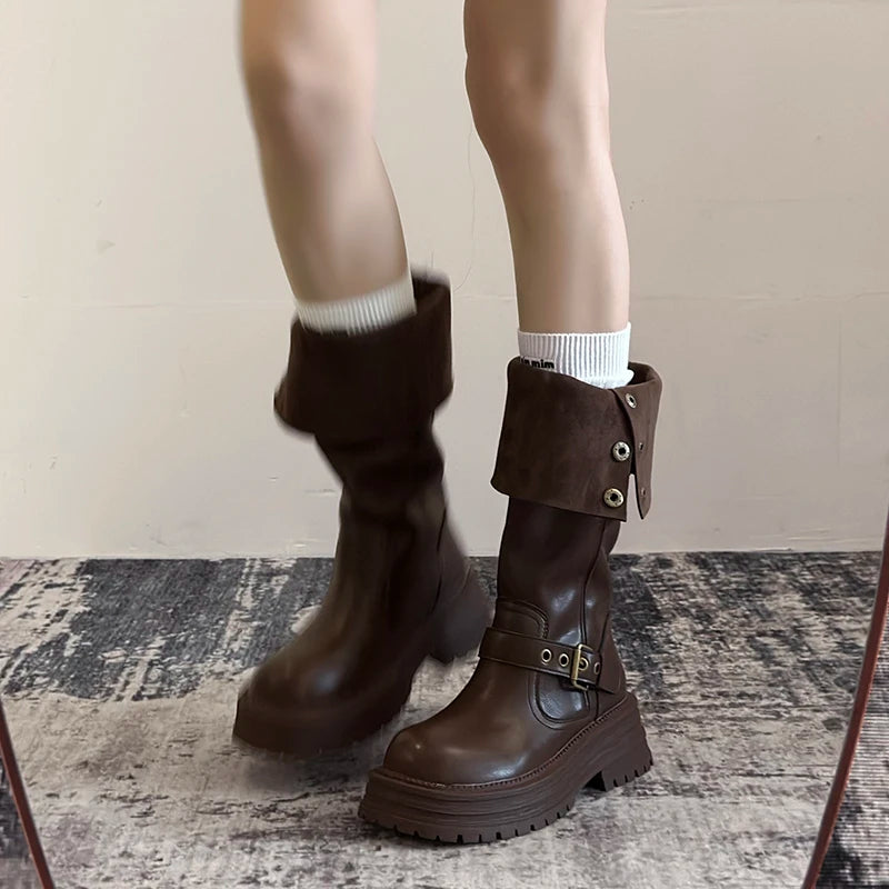 Winter Vintage Platform Thick Sole Woman Knight High Boots Concise Belt Buckle Front zipper Shoes Ladies Slim Modern Long Botas