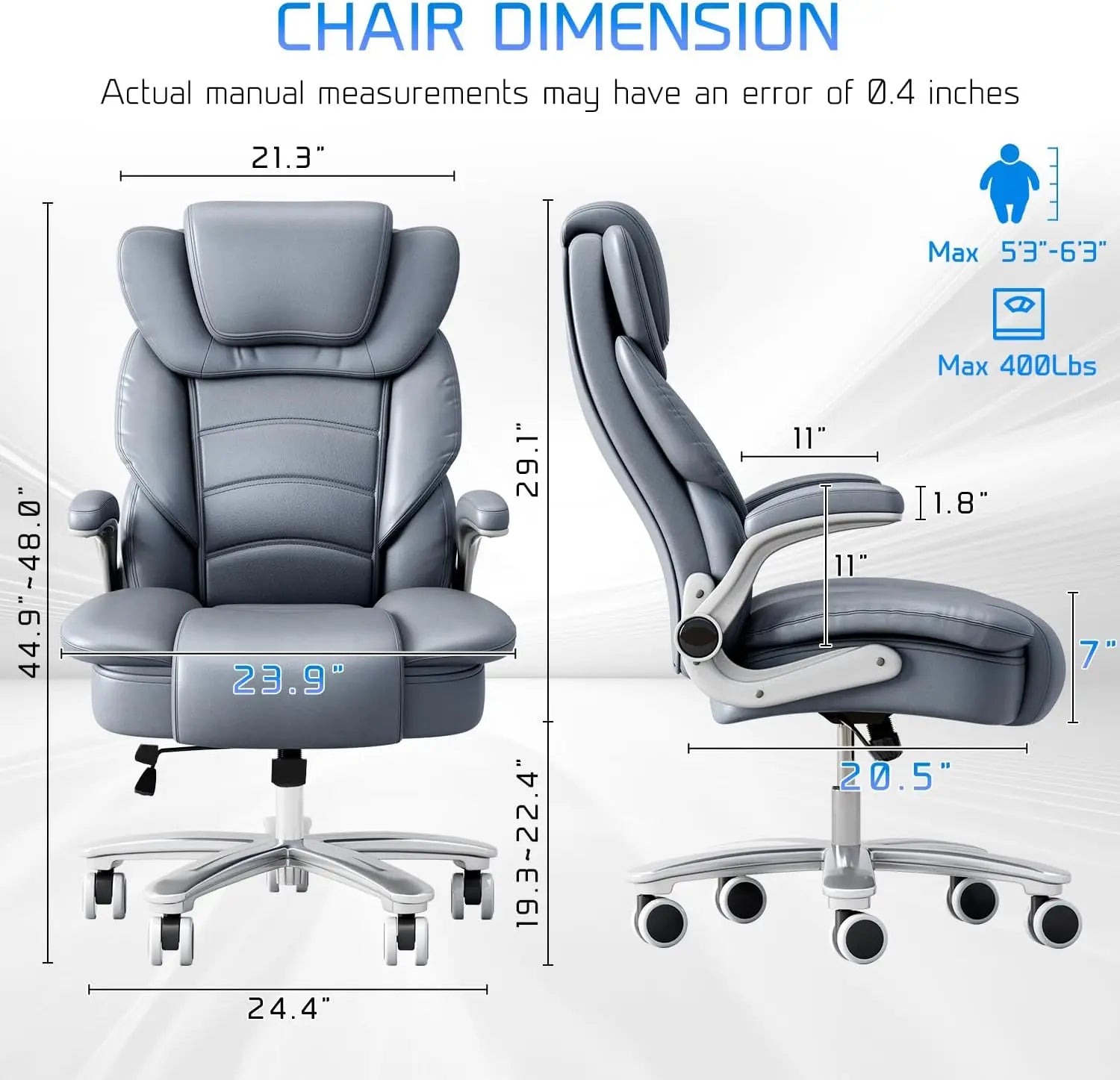 Office Chair 400lb Wide Seat, Ergonomic High Back Leather Executive Desk Chair with Flip-up Arms, Gray/Blue