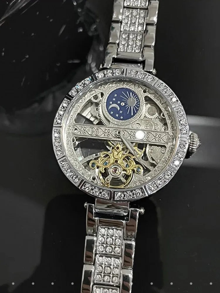 Stainless Steel Diamond Studded Wristwatch — Silver | KIMLUD