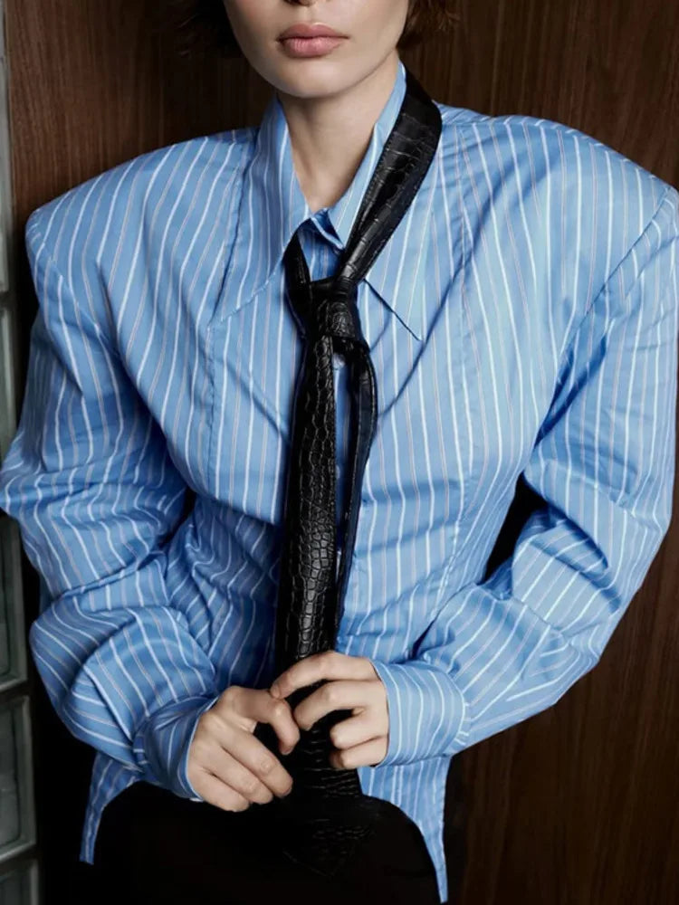 Polyester Striped Blouse Pointed Collar Long Sleeve — Blue Pinstripe | KIMLUD