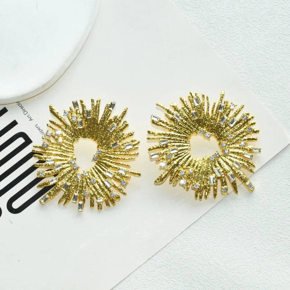 Metal Alloy Round Rhinestone Sunshine Charms Earrings — Gold | KIMLUD