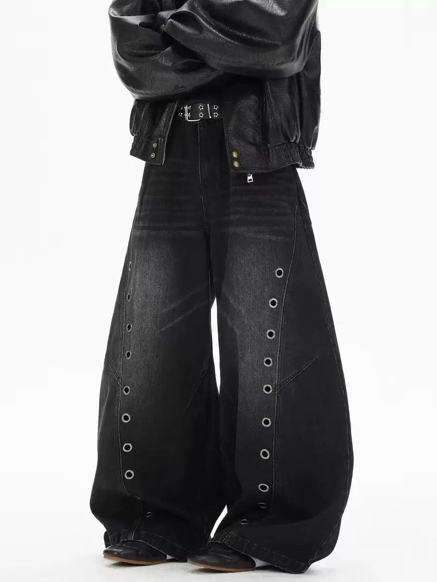 Women's Washed Blue High-Waist Metal Grommet Wide Leg Jeans 2026 Casual Loose Fit Streetwear Pants Casual Trousers