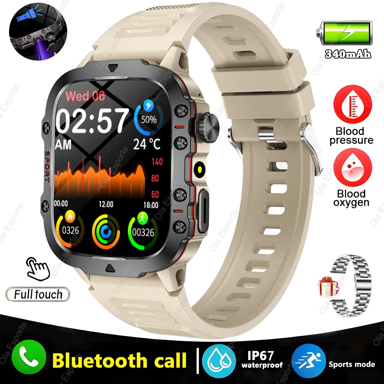 Rugged Military Fitness Smart Watch Men For Android IOS IP67 Waterproof Health Monitor Sport Ai Voice Calling Smartwatch Outdoor